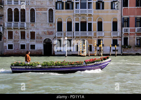 Piccolo motoscafo precipita lungo il Canal Grande a Venezia, Italia, caricato con rosso, fiori rosa e bianchi Foto Stock