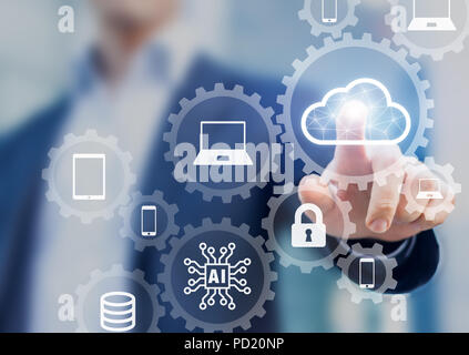 Il cloud computing information technology concetto, elaborazione di dati e di piattaforma di storage collegato alla rete internet, specialista di ingegneria del sistema Foto Stock