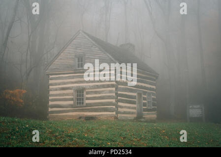 Cabina nella nebbia e Colore di autunno in corrispondenza dei picchi di lontra, su Blue Ridge Parkway in Virginia. Foto Stock