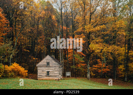 Cabina e Colore di autunno in corrispondenza dei picchi di lontra, su Blue Ridge Parkway in Virginia. Foto Stock