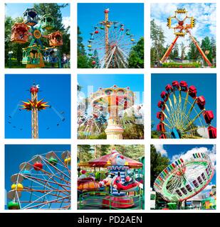 Collage di belle corse diverse in movimento al parco di divertimenti Foto Stock
