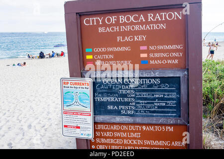 Boca Raton Florida,Palm Beach County,Oceano Atlantico,acqua,South Beach Park,spiaggia pubblica,informazioni,cartello,condizioni oceano,correnti di lacerazione,bandiera chiave,sabbia,F Foto Stock