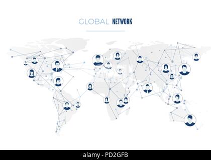 Sociale Globale di connessione di rete. Avatar utente collegato alla rete mondiale. Concetto di Internet sulla mappa del mondo sullo sfondo. Illustrazione Vettoriale Illustrazione Vettoriale