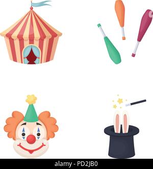 Tenda del circo, giocoliere machete, clown, mago del cappello.Circus set di icone di raccolta in stile cartoon simbolo vettore illustrazione stock . Illustrazione Vettoriale