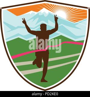 In stile retrò illustrazione di una silhouette di vittoriosa maratoneta lampeggiare vittoria segno a mano con montagne innevate e sunburst e terminare l Illustrazione Vettoriale