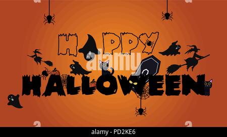 Il vettore isolato di scritte per Halloween e zucca, strega, spider, spider-web, pipistrelli, fantasmi ecc per la decorazione e la copertura sullo sfondo. Concetto di happy Halloween. Illustrazione Vettoriale