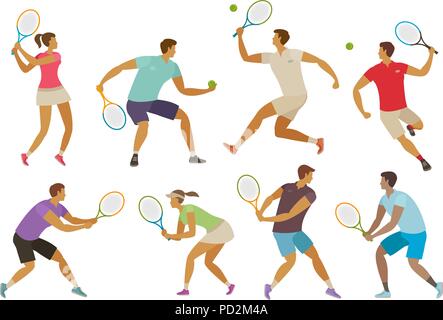 Giocatore di tennis con la racchetta da tennis. Sport concept. Funny cartoon illustrazione vettoriale Illustrazione Vettoriale