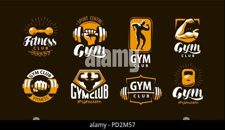 Palestra fitness, logo o etichetta. Sport, bodybuilding concetto. Illustrazione Vettoriale Illustrazione Vettoriale