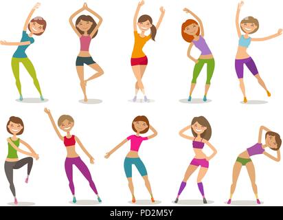 Ragazza o giovane donna impegnata di fitness in palestra. Sport, aerobica, uno stile di vita sano concetto. Funny cartoon illustrazione vettoriale Illustrazione Vettoriale