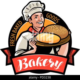 Panificio, bakehouse logo o etichetta. Felice baker o cucinare con il pane in mano. Illustrazione Vettoriale Illustrazione Vettoriale