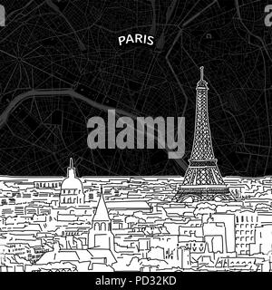 Vettore di disegno della skyline di Parigi con la mappa. Francia travel landmark. In bianco e nero il coperchio e il concetto di sfondo. Illustrazione Vettoriale