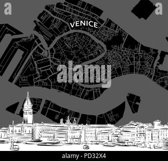 Mano bozzetto di Venezia il cibo. Vettore di disegno della skyline con mappa, Italia. Bianco e nero illustrazione del concetto. Illustrazione Vettoriale