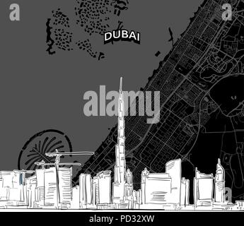 Mano bozzetto di Dubai il cibo. Vettore di disegno della skyline con mappa, Arabi Uniti Emitates. Bianco e nero illustrazione del concetto. Illustrazione Vettoriale