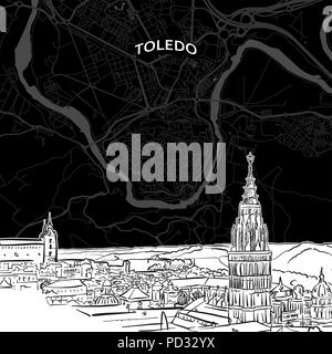 Mano bozzetto di Toledo cibo. Vettore di disegno della skyline con mappa, Spagna. Bianco e nero illustrazione del concetto. Illustrazione Vettoriale