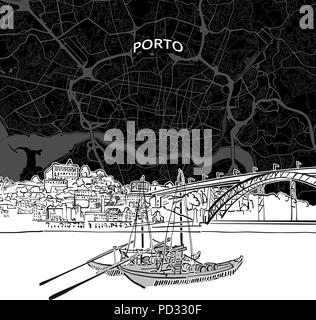 Mano bozzetto di Porto il cibo. Vettore di disegno della Skyline, Portogallo. Bianco e nero illustrazione del concetto. Illustrazione Vettoriale