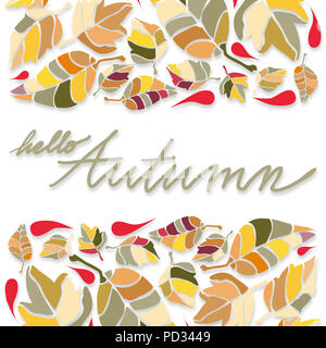 Illustrazione multicolore di foglie, fogliame e gocce e le parole "Ciao Autunno" in medio, con effetto ombra e su sfondo bianco Foto Stock