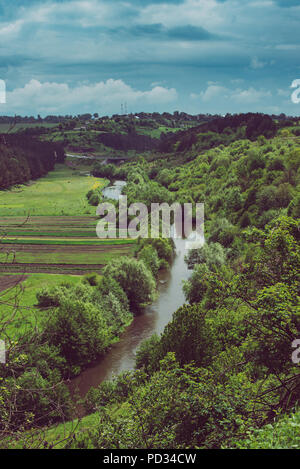 Dnister paesaggio fluviale a Ternopil regione dell'Ucraina occidentale. Idillyc vista da sopra Foto Stock