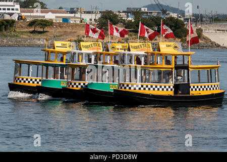 Piccolo porto traghetti taxi eseguire una sincronizzazione "Ferry Boat Ballet" per folle a porto interno durante celebrazioni British Columbia il giorno 4 agosto 2018 in Victoria, BC, Canada. Foto Stock