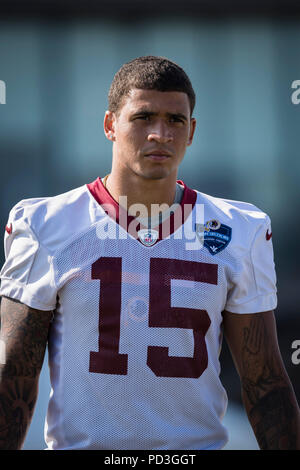 Agosto 06, 2018: Washington Redskins wide receiver Simmie Cobbs (15) capi per i campi pratica durante il 2018 training camp a Bon Secours Washington Redskins Training Center di Richmond, Virginia. Scott Taetsch/CSM Foto Stock