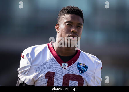 Agosto 06, 2018: Washington Redskins wide receiver Robert Davis (19) capi per i campi pratica durante il 2018 training camp a Bon Secours Washington Redskins Training Center di Richmond, Virginia. Scott Taetsch/CSM Foto Stock