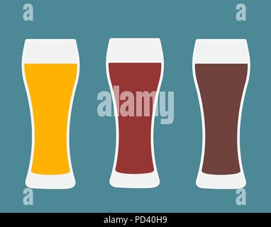 Bicchieri da birra. Tre versioni light birra, birra scura e birra ambrata. Vettore isolato illustrazione. Illustrazione Vettoriale