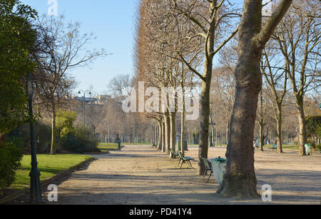 Parco Vicino alla Torre Eiffel a Parigi con una fila di alberi in inverno Foto Stock