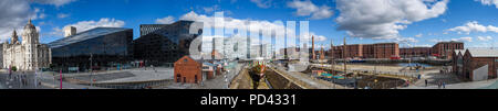 Una elevata qualità di paesaggio panoramico che mostra Liverpool Albert Dock, il fegato edifici e Carlos Cruz-Diez dipinto di abbagliare nave nel bacino di carenaggio in Augu Foto Stock
