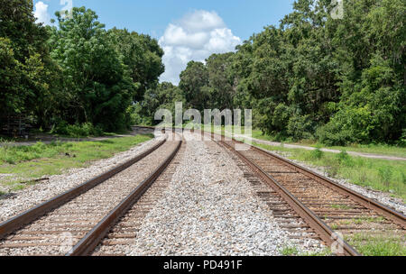 Summerfield, Florida, Stati Uniti d'America, 2018. I segnali ferroviari e la via che passa attraverso il North Florida campagna. Foto Stock