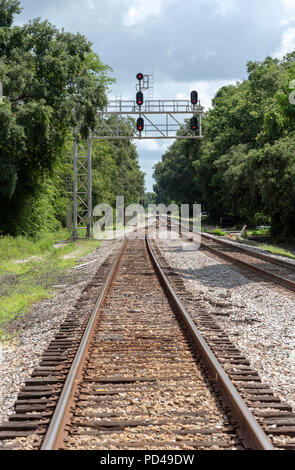 Summerfield, Florida, Stati Uniti d'America, 2018. I segnali ferroviari e la via che passa attraverso il North Florida campagna. Foto Stock