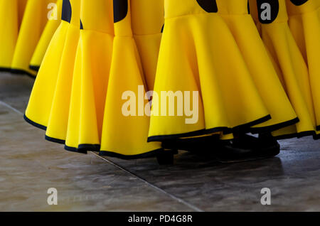 Primo piano di un tipico le scarpe per il tradizionale spagnolo di flamenco scarpe da ballo, pelle tacchi alti, parte del costume Foto Stock