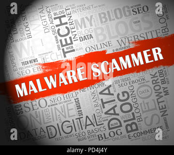 Malware Scammer Sicurezza Sicurezza Protezione 2d illustrazione mostra protetto Online salvaguardia contro Ransomware trojan e da siti Web dannosi Foto Stock