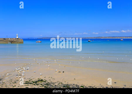 Smeaton è Pier lighthouse e St Ives Bay, St Ives, Cornwall, Inghilterra, Regno Unito. Foto Stock