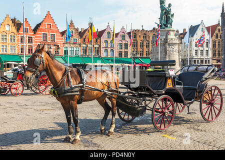 Cavallo e trap utilizzato per trasportare i turisti in un tour della citta', Markt Square, Bruges, Belgio Foto Stock