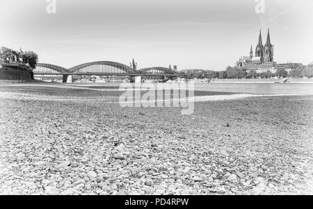 Colonia, Germania - 27 luglio 2018: la siccità in Germania, acqua bassa del fiume Reno a Colonia alla mattina presto tempo sulla luglio 27, 2018 in Germania Foto Stock