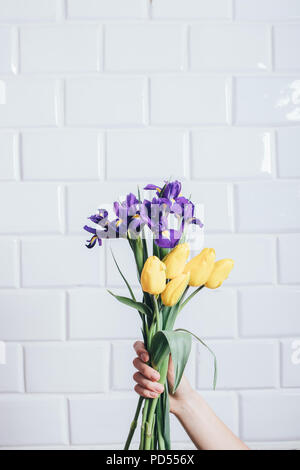 Femmina tenuta a mano Bellissimo iris e tulipani bouquet di fiori di colori porpora e giallo su bianco muro di mattoni in background. Foto Stock