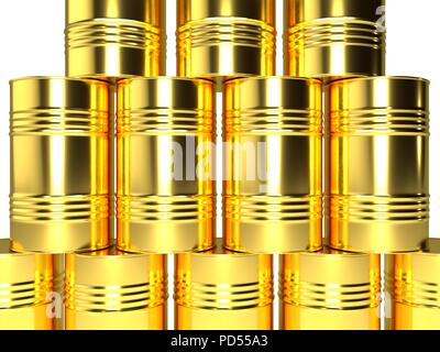 Golden barili di petrolio, disposte in righe Foto Stock