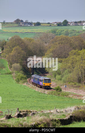 Un Arriva ferroviaria settentrionale classe 144 pacer treno passa Ingbirchworth, sulla singola traccia Penistone linea ferroviaria con un Huddersfield - Sheffield treno Foto Stock