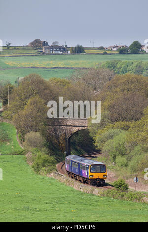 Un Arriva ferroviaria settentrionale classe 144 pacer treno passa Ingbirchworth, sulla singola traccia Penistone linea ferroviaria con un Huddersfield - Sheffield treno Foto Stock