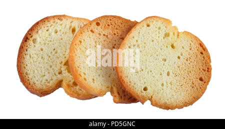 Tre cracker croccanti isolati su sfondo bianco, closeup, vista dall'alto. Foto Stock