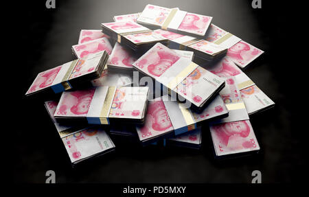 Un mucchio di casualmente disperse fasci di yuan cinese banconote isolato su un background - 3D render Foto Stock