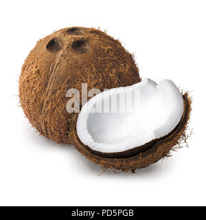 Sbucciate cocco coperto su sfondo bianco Foto Stock