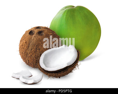 Sbucciate cocco coperto su sfondo bianco Foto Stock