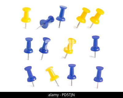 Isolato di colore blu e giallo spilli in sfondo bianco Foto Stock