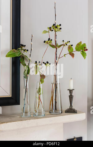 Regime di foglia con frutti di bosco in singolo stelo vasi con candelabro su da caminetto. Foto Stock
