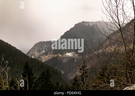 Una vista attraverso gli alberi dell'Autostrada Trans-Canada avvolgimento attraverso montagne del Parco Nazionale di Yoho Foto Stock