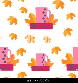 Illustrazione Vettoriale. Modello senza giunture. Giallo autunno di foglie e di libri con una tazza di tè Illustrazione Vettoriale