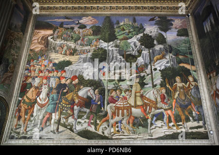 Lorenzo de' Medici conosciuto anche come Lorenzo il Magnifico a cavallo raffigurato come Caspar il mago del murale dal Rinascimento italiano pittore Benozzo Gozzoli nella Cappella dei Magi a Palazzo Medici Riccardi a Firenze, Toscana, Italia. Foto Stock