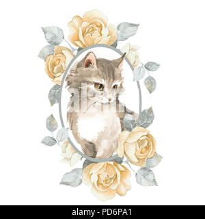 Cat. Carino gattino e rose. Illustrazione ad acquerello Foto Stock