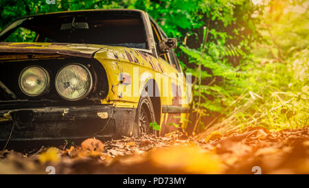 Vecchia auto disastrate in stile vintage. Abbandonato rusty giallo auto nella foresta. Primo piano vista anteriore fari di rusty distrutto auto abbandonate su sfocato gr Foto Stock