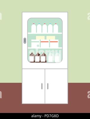 Cabinet bianco per i medicinali destinati per il primo soccorso con la porta chiusa, con gli occhiali, scatole e bottiglie sul pavimento marrone verde sulla parete di sfondo - vec Illustrazione Vettoriale